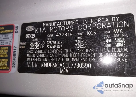 2020 Kia Sportage Lx z USA, uszkodzony, nr VIN KNDPMCAC1L7730590